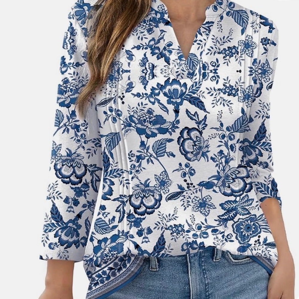 New Floral Blue and White Women's Top